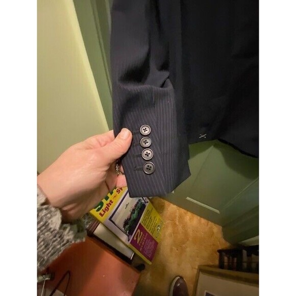 Calvin Klein Mens Sz M Short Black & Blue Pinstripe Two-Button Wool Blend Jacket - Picture 7 of 11